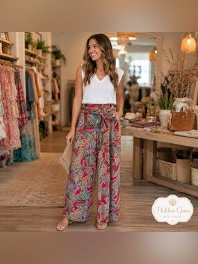 Notations Pink Multicolor Paisley Tie-Front Wide Leg Pants